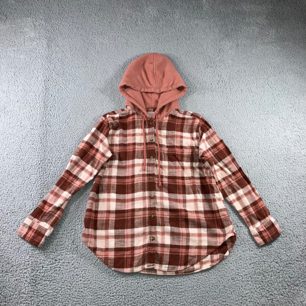 American Eagle Hooded Flannel Shirt Women Small Brown Pink Button Up Y2K Shacket - Picture 2 of 10
